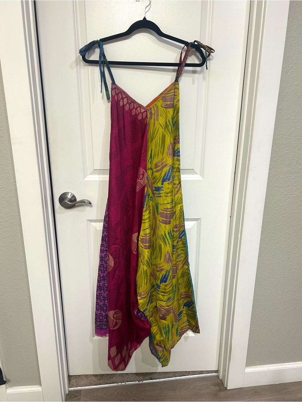 Asymmetrical Tie-Shoulder Maxi Dress in Magenta and Lime